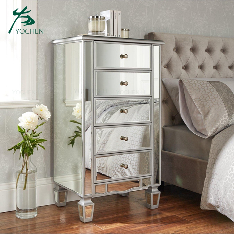 Modern bedside mirror cabinet nightstand silver mirror bedroom furniture