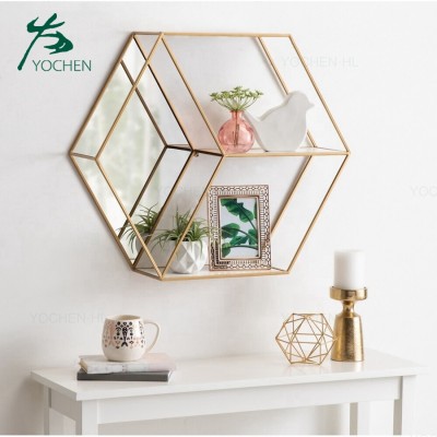 Modern Home Decor Gold Metal Glass Wall Shelf Wooden Book Plant Wall Hanging Shelf