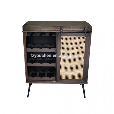 Shabby chic industrial style wine cabinet wooden cabinet with rattan barn door living room furniture