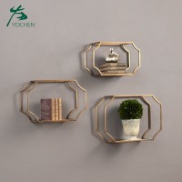 Home Decor Metal Floating Decoration Gold Plant Hanging Shelf Antique Glass Wall Shelf