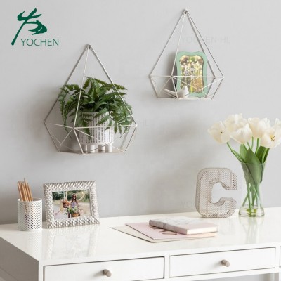 Home Decor Nordic Metal Wall Hanging Shelf Diamond Shape Decorative Plant Wall Shelf