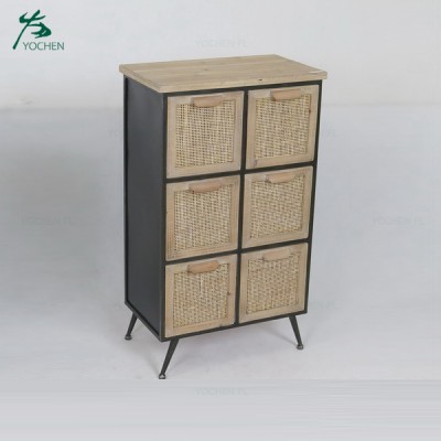 Rustic industrial furniture living room metal frame wood storage cabinet with small rattan drawers