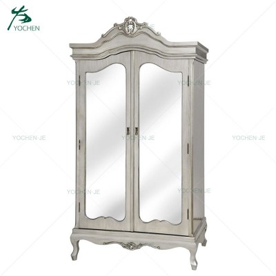 Silver European style antique wooden bedroom wardrobe with mirror